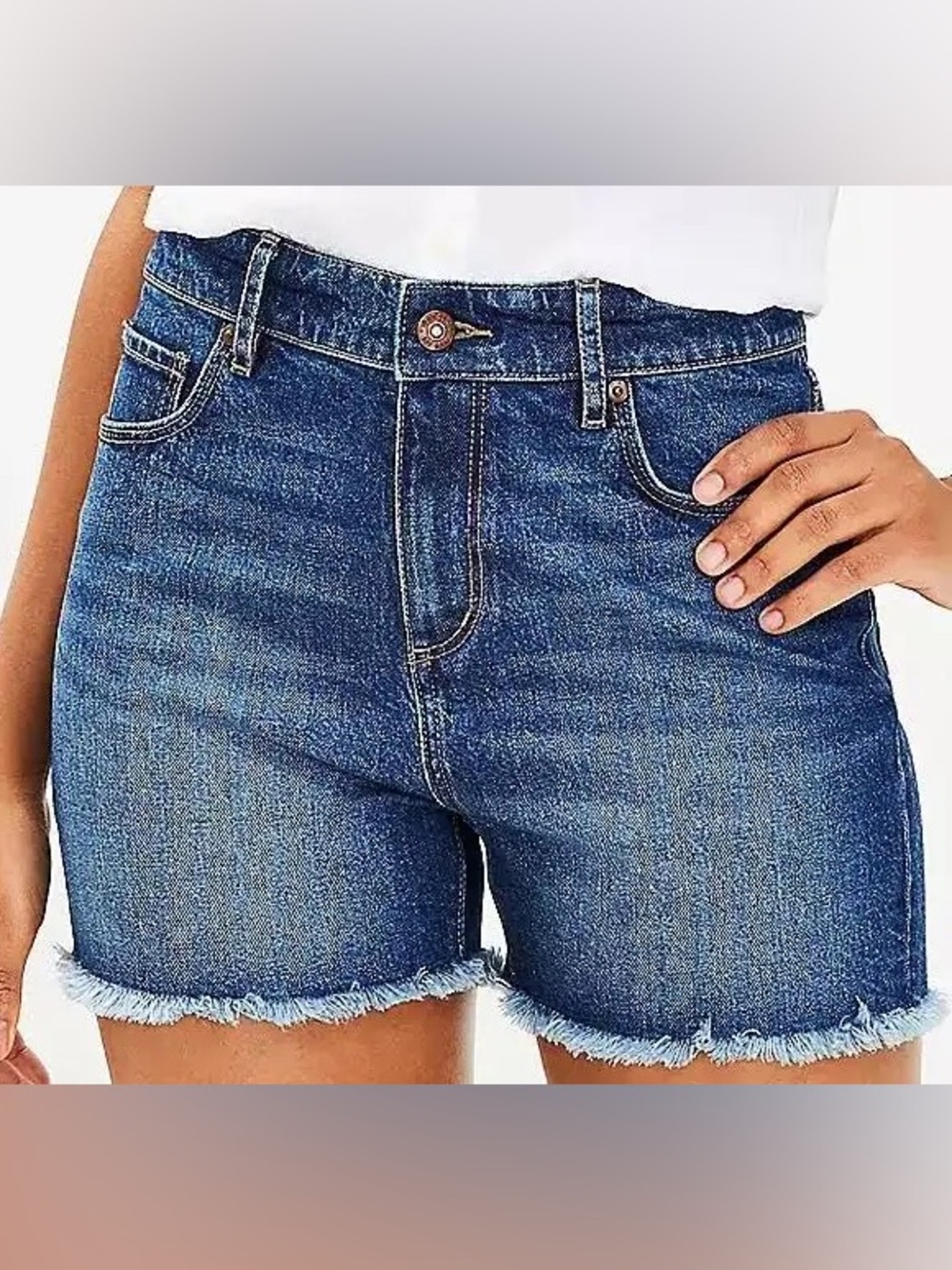 LOFT medium wash denim shorts with a cuffed hem